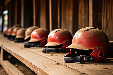 Baseball helmets on dugout floorの素材