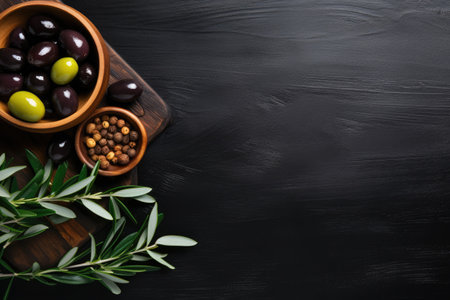 Black olives and olive oil in wooden bowls on a black background viewed from above with space for teの素材
