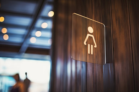 Blurred wooden sign with toilet icon public restroom direction on glass doorの素材