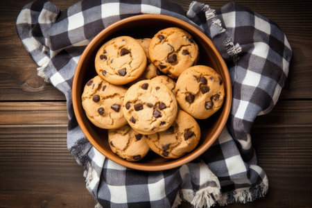 Bird s eye view of chocolate chip cookies in cup bowl on rustic wooden background with napkinの素材