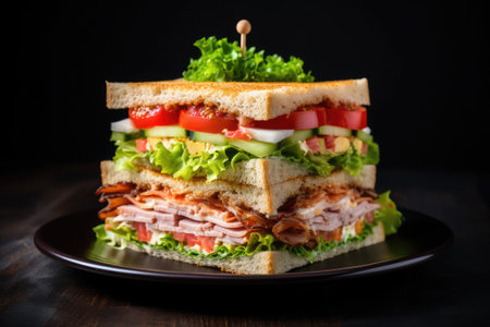 Tomato cucumber ham cheese and salad in a club sandwichの素材