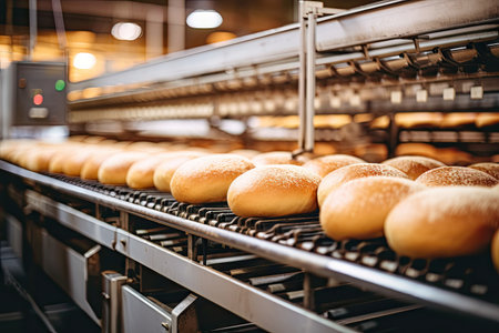 Bread loafs on a bakery s automated conveyorの素材