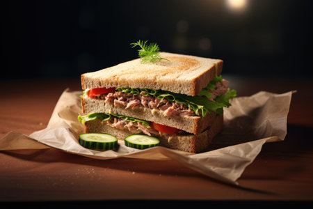 Tasty tuna sandwiches with tomato cucumber wrapped in paperの素材