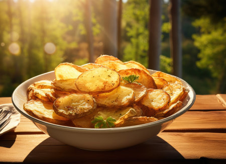 Sunlit wooden table holds ceramic bowl of organic forked potato slicesの素材
