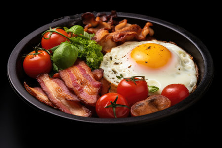 Top view of an English breakfast with fried egg tomatoes mushrooms and bacon on a black backgroundの素材