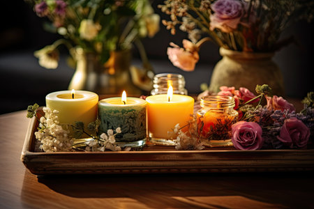 Table with lovely scented candlesの素材