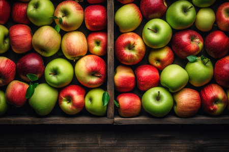Top view of wooden boxes filled with ripe green and red applesの素材