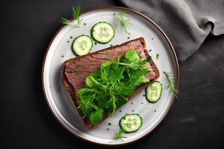 Top view of a whole wheat sandwich with roast beef cucumber and arugulaの素材