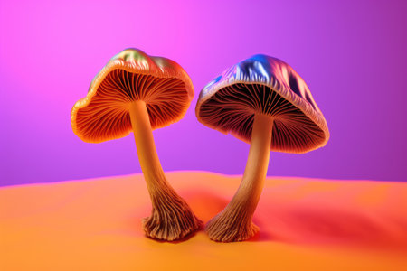 Two dehydrated psychedelic mushrooms on a multicolored backdropの素材