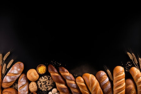 Top view of a variety of bread items captured from above on a black background with free space Horizの素材