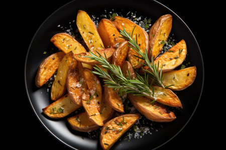 Top view of black background with rosemary seasoned potato wedgesの素材