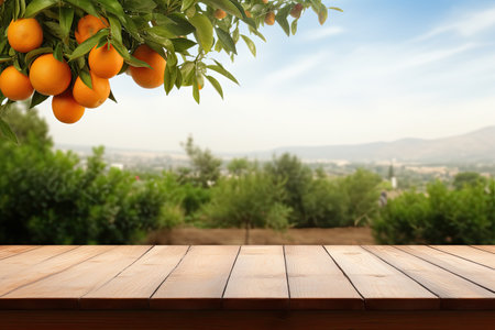Wooden table with empty space above orange trees and field background Used for product display montaの素材