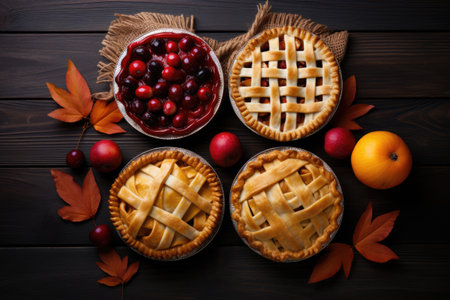 Three pies apple pumpkin and cherry arranged on a white beadboard surface in a flat lay A popular chの素材