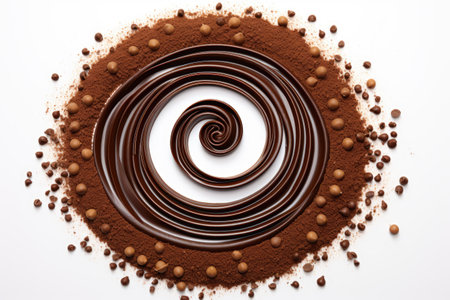 White background with spiral of chocolate and crushed hazelnutsの素材