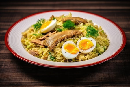 Stir fried noodles with mackerel cabbage and egg on a white plateの素材