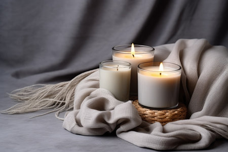 Burning candles on a gray table space for text Cozy winter atmosphere 2021 Romanticの素材