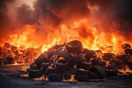 Burning old tires in a landfill creates a massive fire releasing black smoke A rubber burning plantの素材