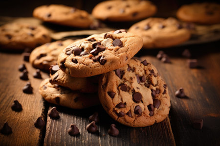 Chocolate chip cookies photographed on a wood surfaceの素材