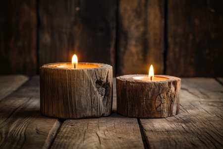 Candles placed on aged wooden backdropの素材