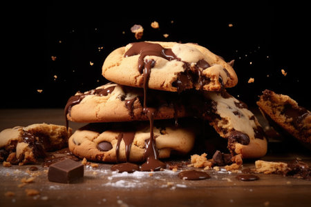 Chocolate chip cookies that are broken and crumbledの素材