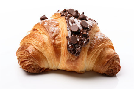 Chocolate filled croissant on a white backdropの素材