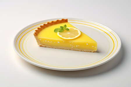 Classic French lemon tart with lemon decorations on a white plate symbolizing foodの素材