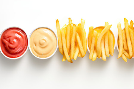 Close up of French fries with condiments on a white backgroundの素材
