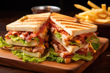 Close up macro photography of a club sandwich on a wooden board with French fries ketchup sauce chicの素材