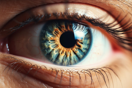 Close up macro photograph of a heterochromatic eye showcasing a blue iris with a brown patchの素材