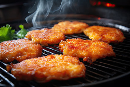 Closeup view of frying pan with schnitzels being cookedの素材
