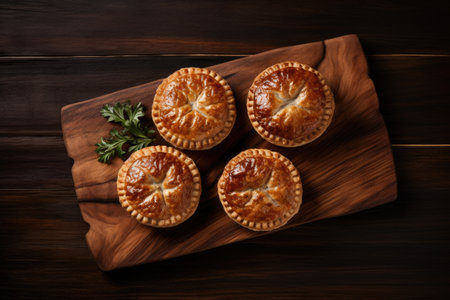 Closeup of a rustic style Australian meat mini pie on a wooden board with a table background and spaの素材