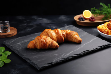 Closeup of delicious croissants on slate plateの素材