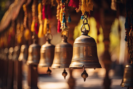 Close up photo of Bells suspended near Hindu Templesの素材