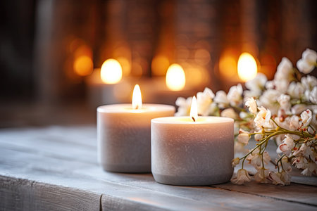 Close up of scented candles providing a soothing atmosphere in a spa Elegant arrangement with grey aの素材