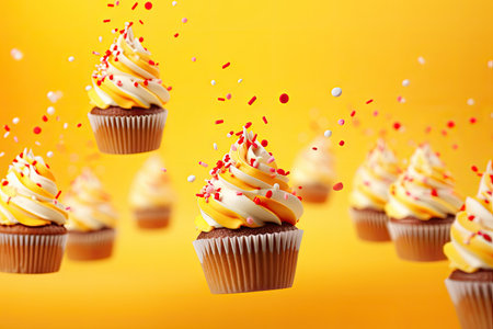 Colorful cupcakes flying over yellow background for party birthday celebrationの素材