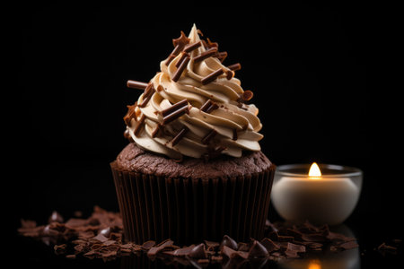 Dark lighting AF point selection displaying a chocolate cupcake with icing and chocolate barの素材