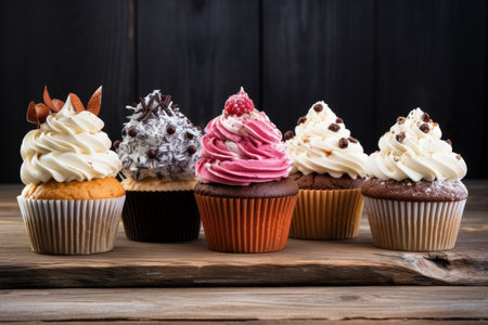 Delicious cupcakes on a dull wooden surfaceの素材