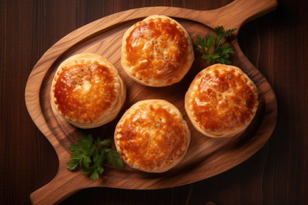 Delicious Australian mini meat pie on wooden board top view rustic styleの素材