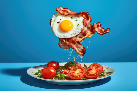 English breakfast levitates over blue backgroundの素材