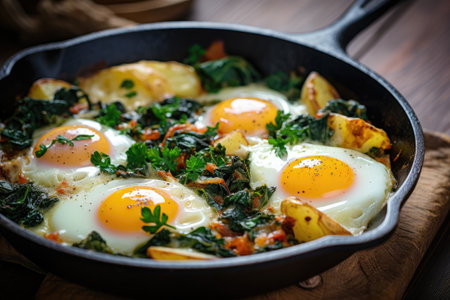Eggs fried alongside potatoes and spinachの素材