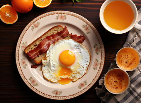 Flat lay breakfast with fried eggs bacon orange juice yogurt and toastsの素材
