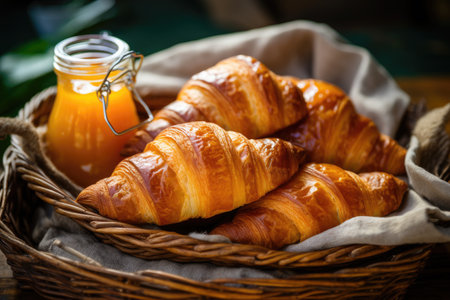 French pastries in a wicker tray freshly baked croissants with peach jam seen up closeの素材