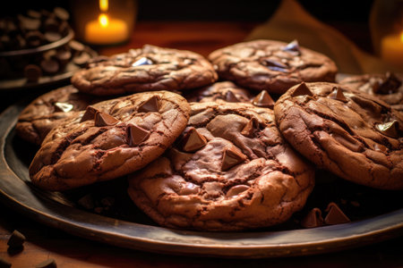Freshly baked double chocolate chip cookies captured in food photographyの素材
