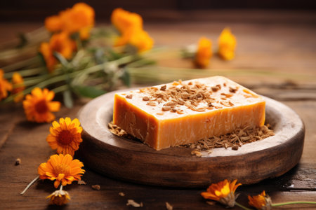Handmade soap with calendula and sea buckthorn displayed on a wooden backgroundの素材