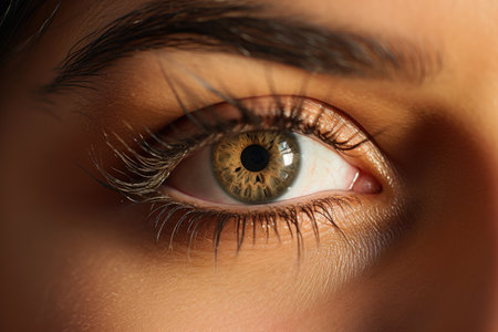 Hazel brown eyes of a woman captured in a close up shotの素材