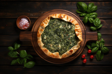 Greek spinach and cheese pie on wooden board Dark background Top viewの素材