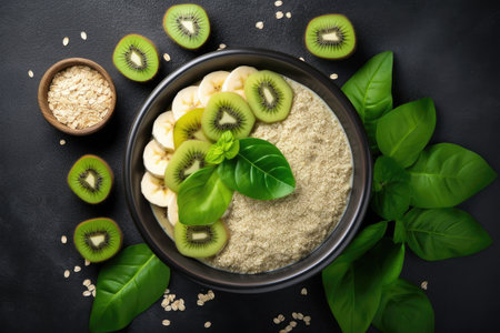 Healthy breakfast ingredients chia pudding oatmeal banana kiwi spinach coconut milk on a dark backgrの素材