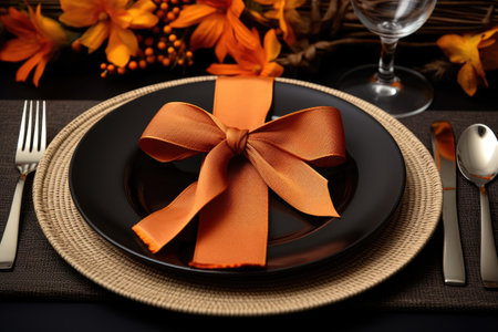 Halloween or autumn party table setup with black plate flatware linen napkin orange decor and ribbonの素材