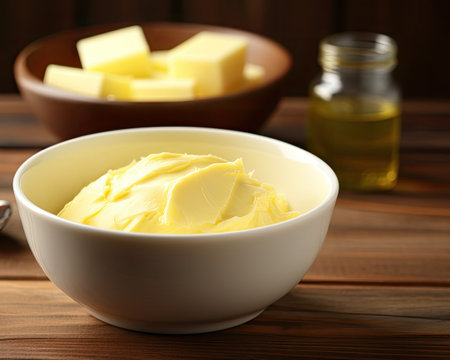 Fresh butter in bowl wood backdropの素材