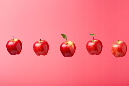 One apple floating amidst a row of red and ripe apples on a pink background Creative fruit concept tの素材